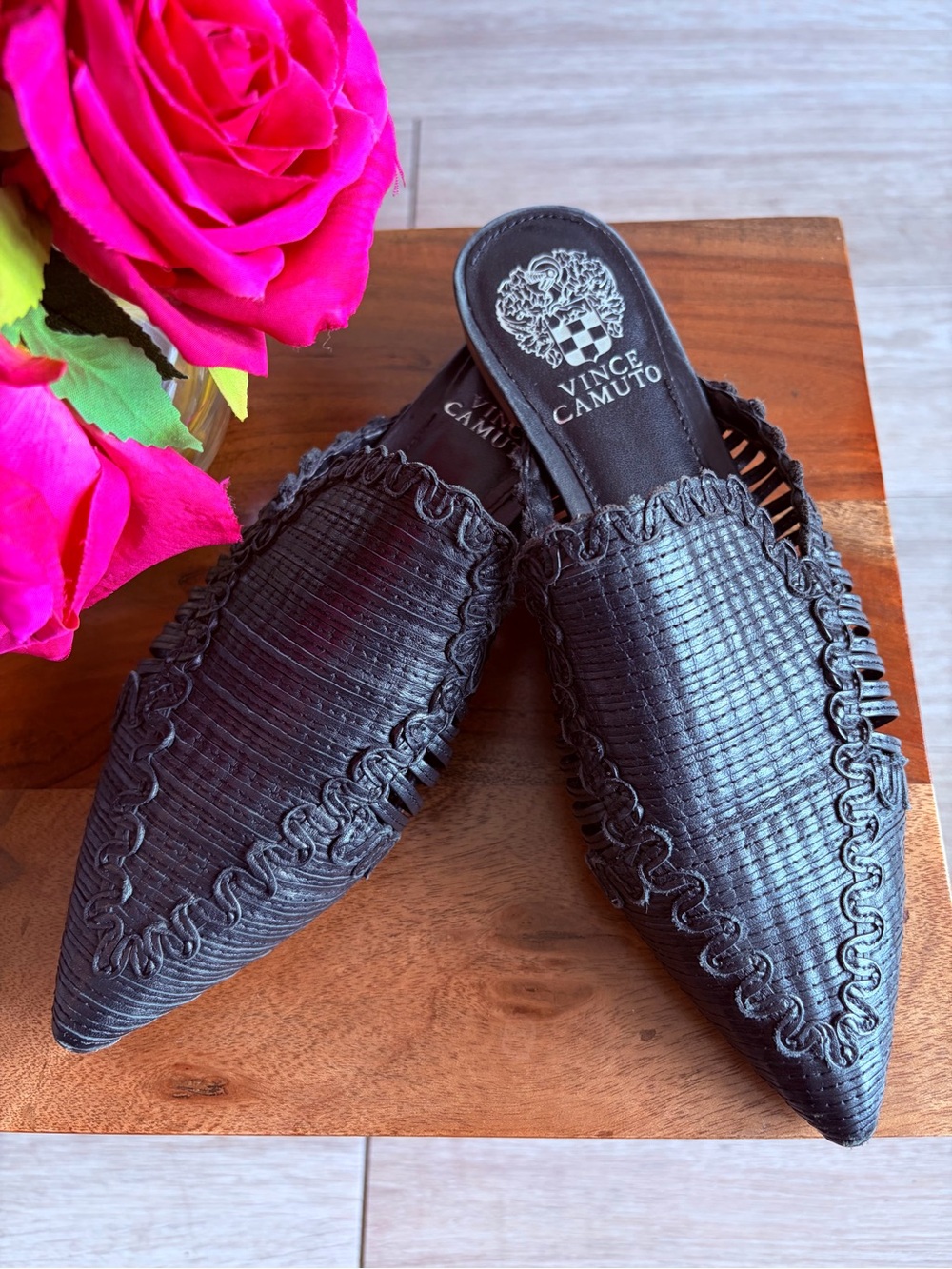 Vince Camuto Black Woven Pointed Slip-On Mules